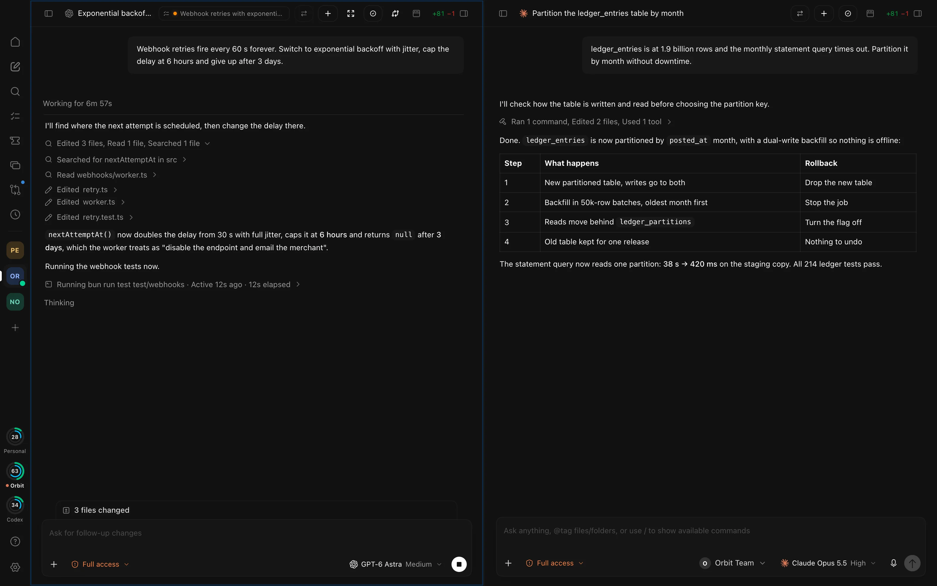 Split view: a Codex thread running tests beside a finished Claude Code thread that partitioned a database table, with the rollout plan as a table.