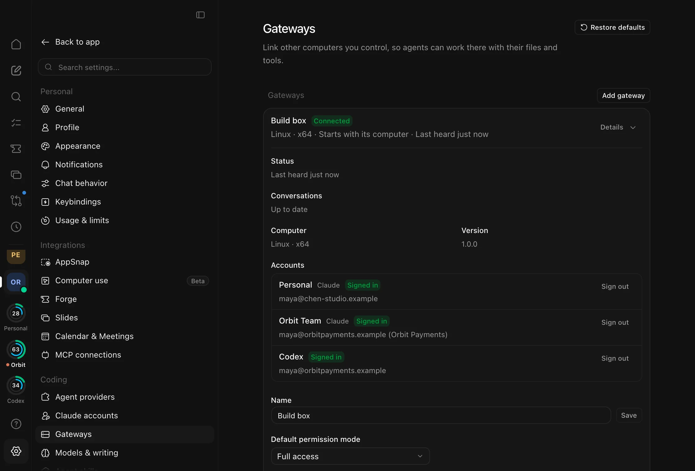 Settings, Gateways: a Linux build box linked and connected, its conversations up to date, on version 1.0.0, with its Claude and Codex accounts signed in.
