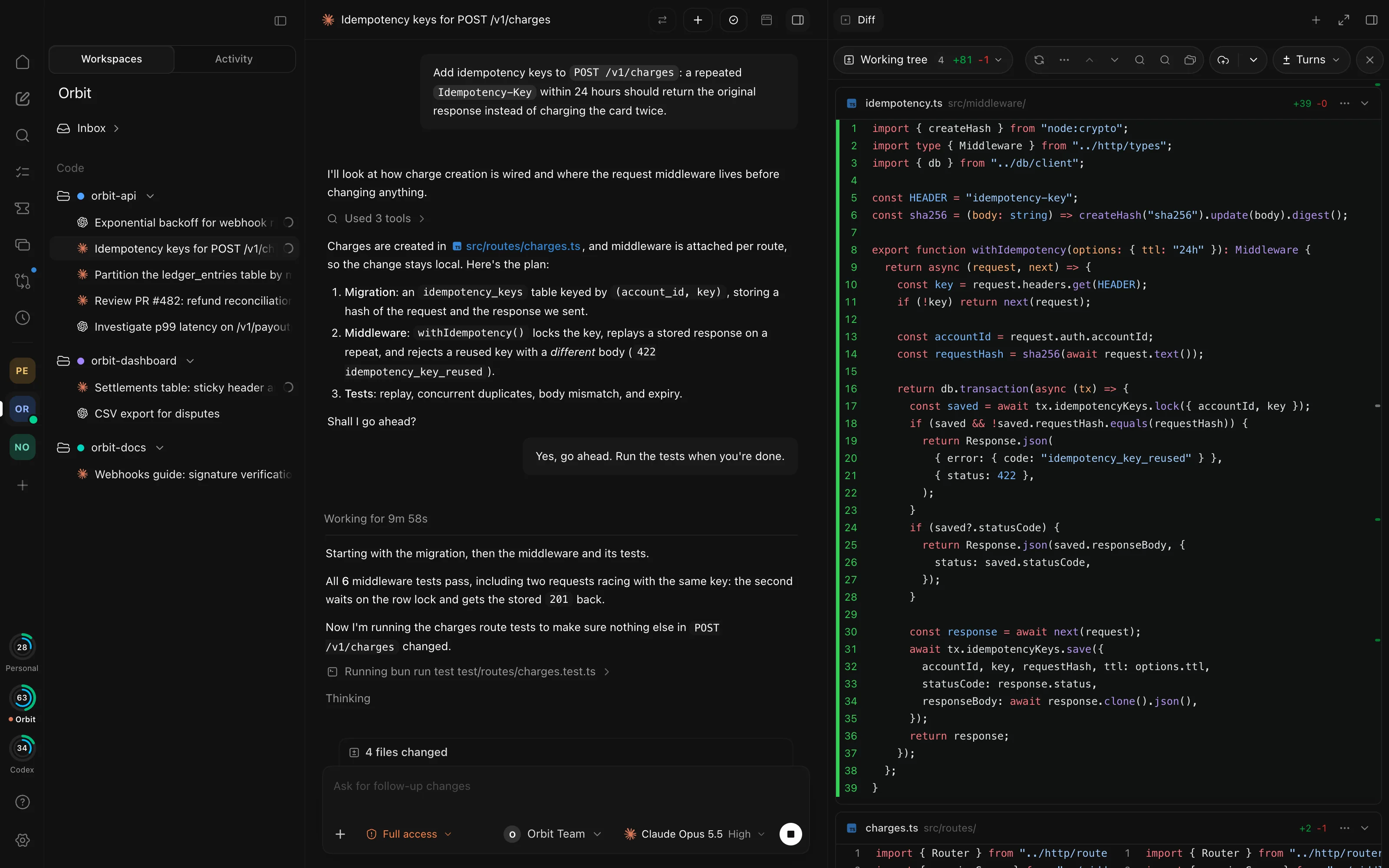 Sentra Works with a Claude Code thread adding idempotency keys to a payments API: Space tiles and account usage rings on the rail, the Workspace's threads in the sidebar, the agent's plan and test run in the chat, and the diff of the new middleware beside it.