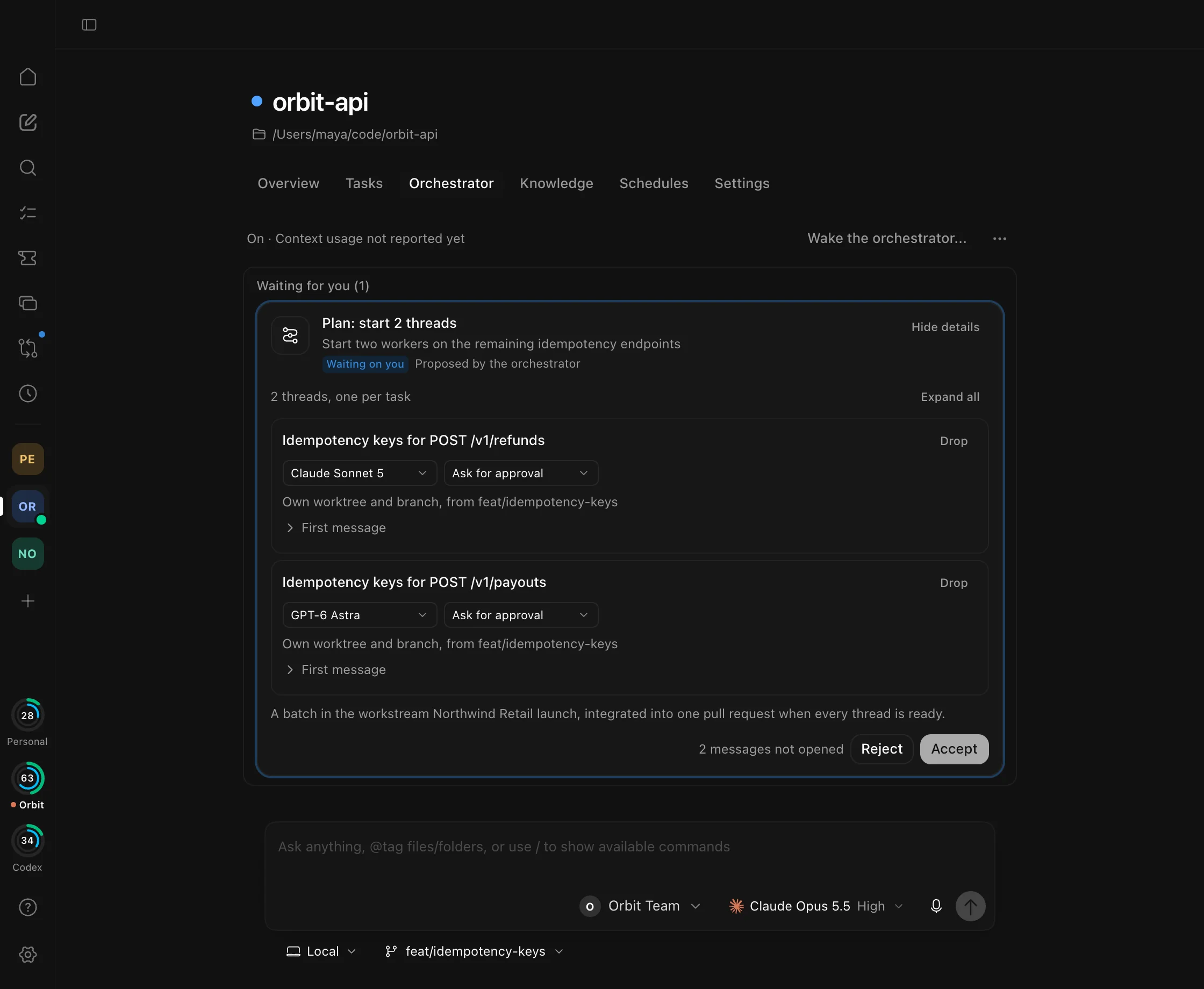The orchestrator's plan in the orbit-api Workspace: two worker threads, one on Claude Sonnet 5 and one on a Codex model, each in its own worktree and branch, with Reject and Accept waiting for you.