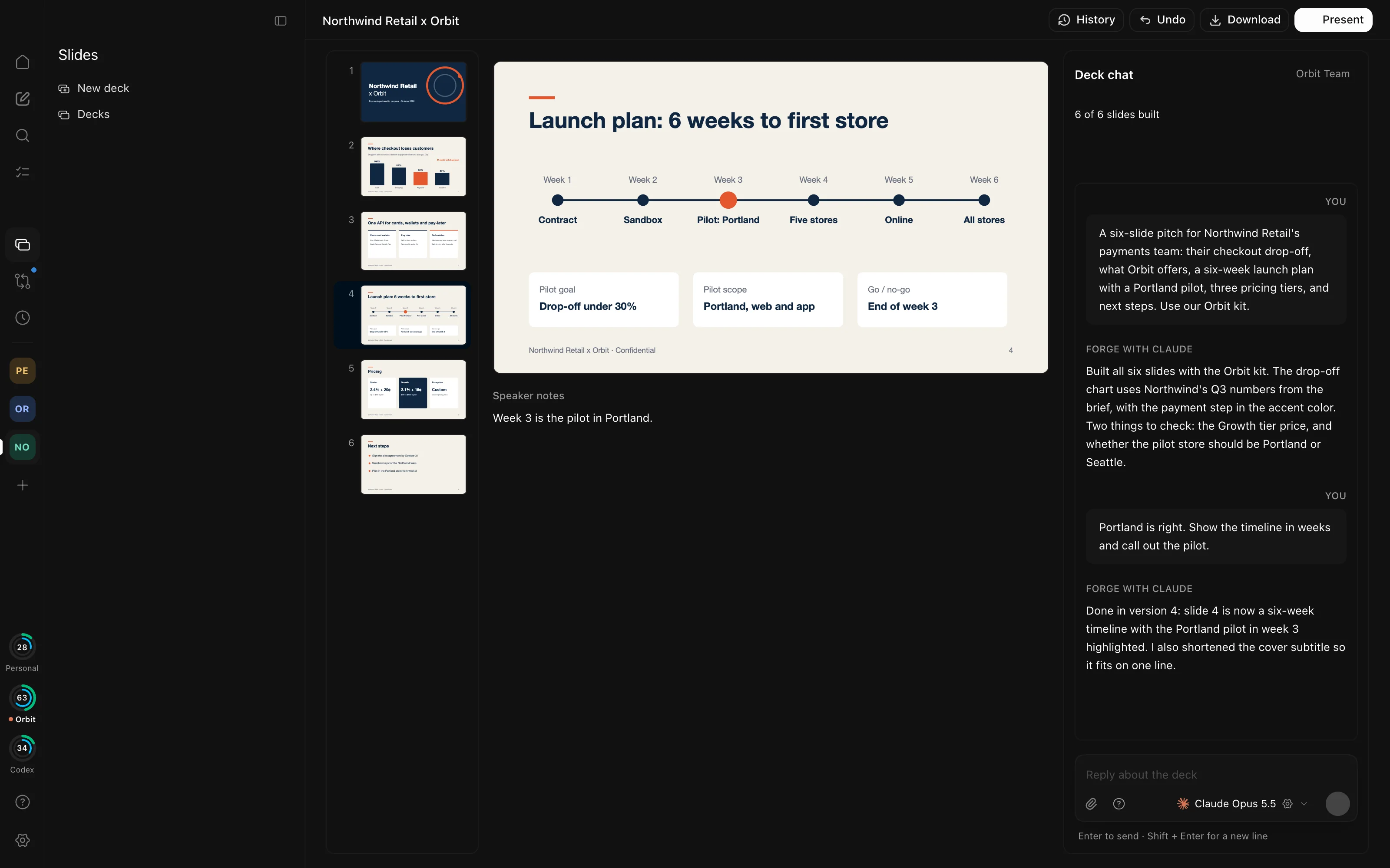 A Sentra Slides deck for Northwind Retail: the six-slide strip, the launch plan slide with its speaker notes, and the deck chat where Claude reports what it built and changed.